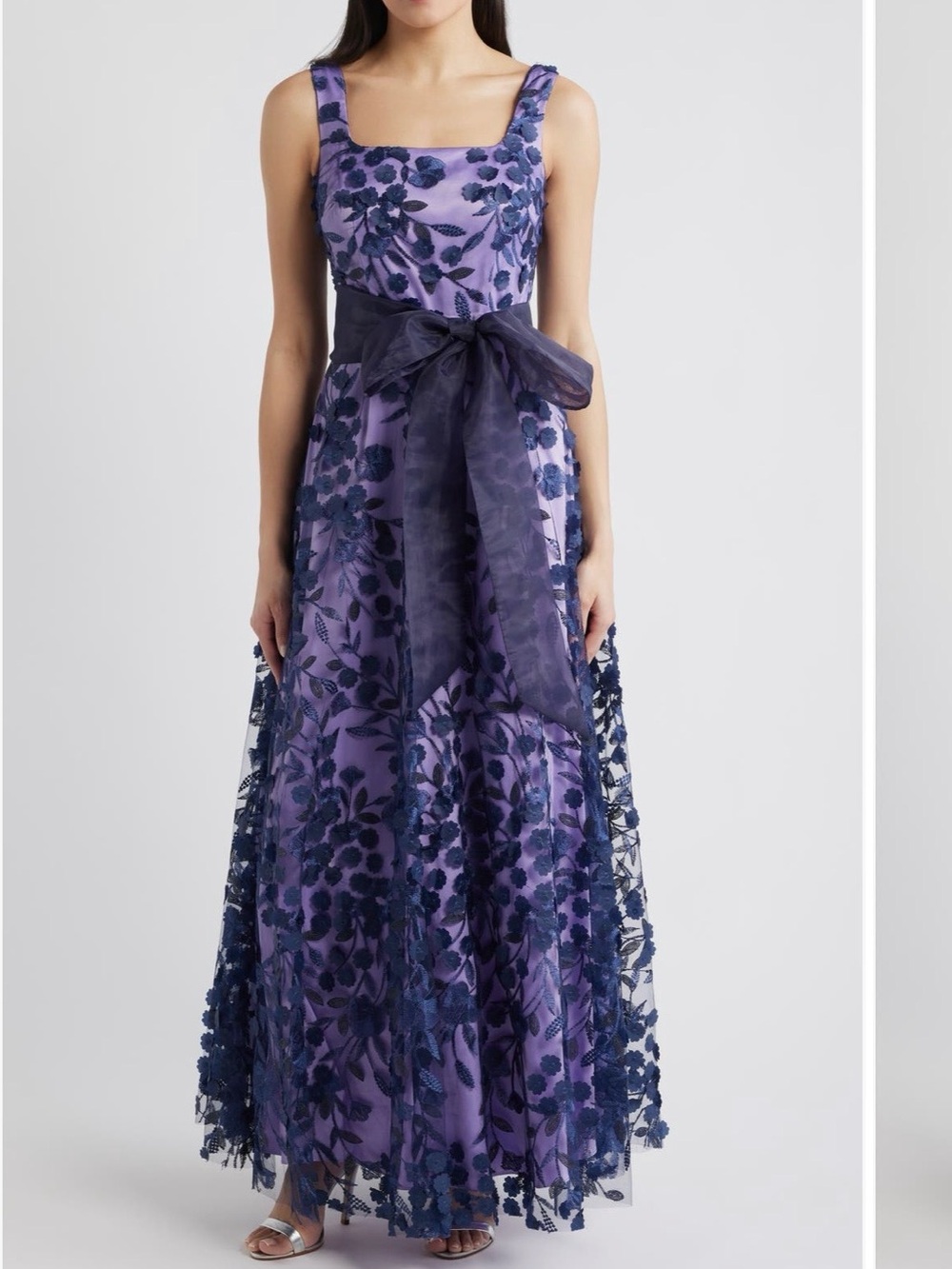 Lavender & Navy Floral Embroidered Maxi Dress with Sash